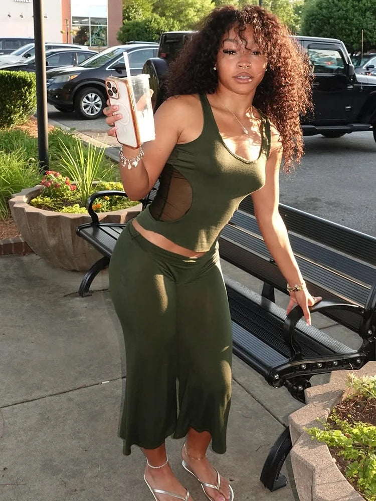 Leisure 2-Piece Set Women Patchwork Mesh u-Neck Vest+Flared Pant Legs Short Classic Simple Summer Fashion Streetwear