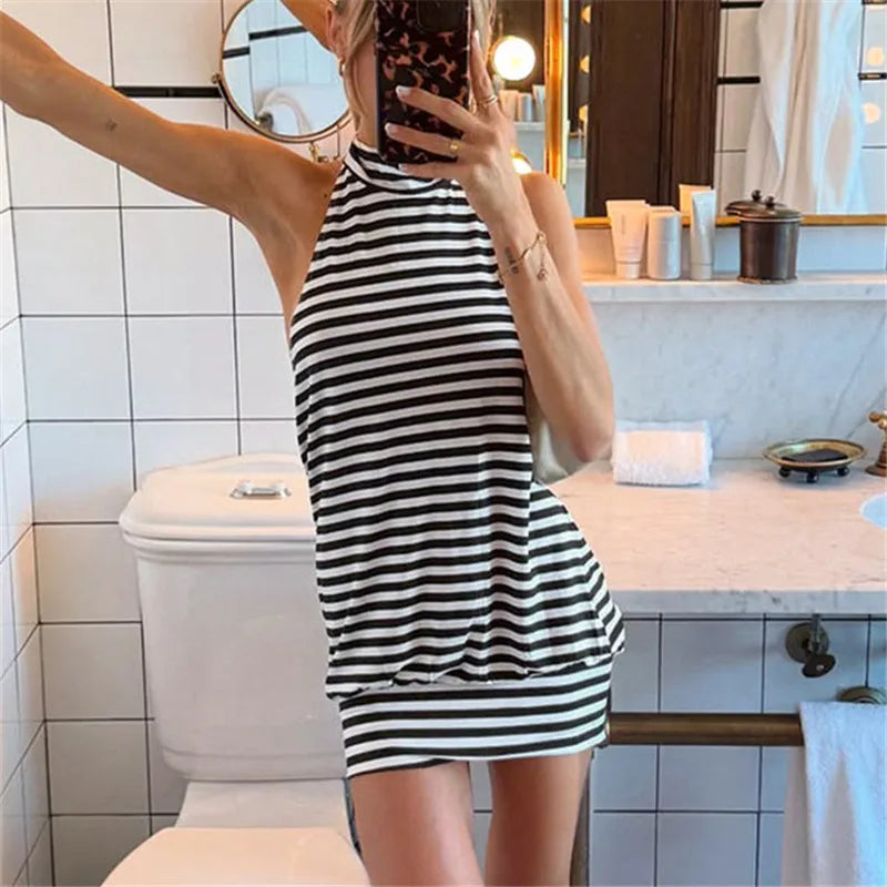 Women Summer Mini Dress Casual Sleeveless Halter Neck Backless Dress Solid Color Loose Fit Beach Party Club Short Dress