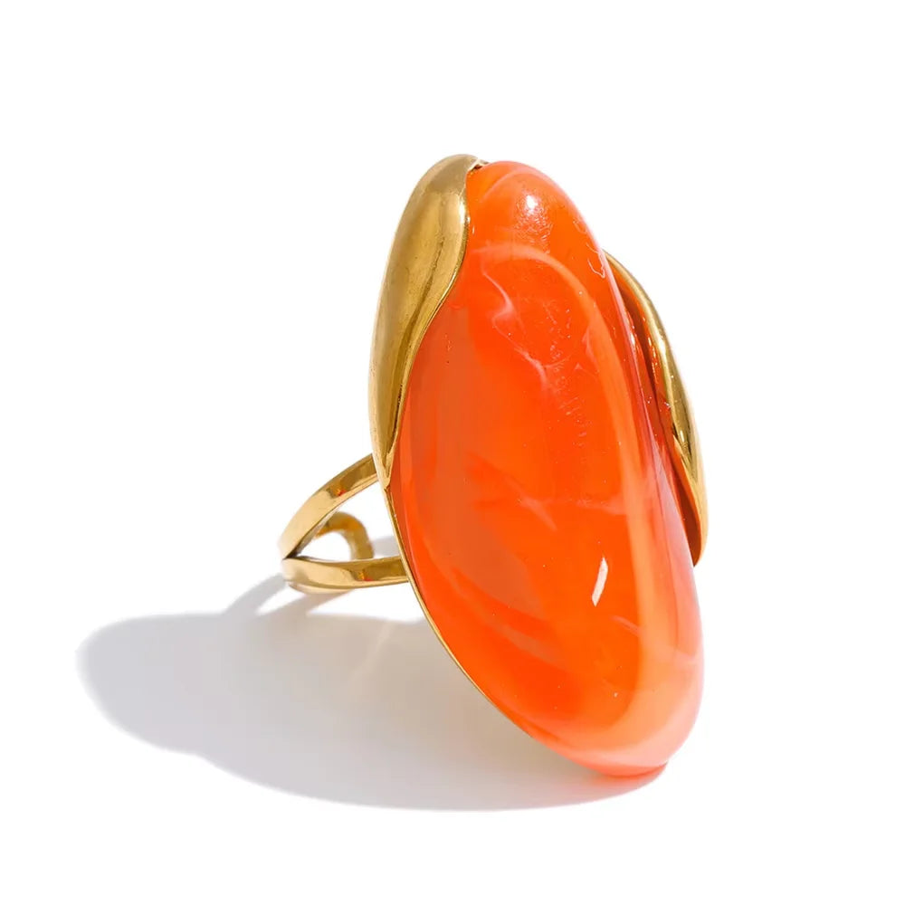 New Design Brown Green Beige Resin Geometric Adjustable Ring Golden PVD Stainless Steel Rust Proof Finger Jewelry Gift