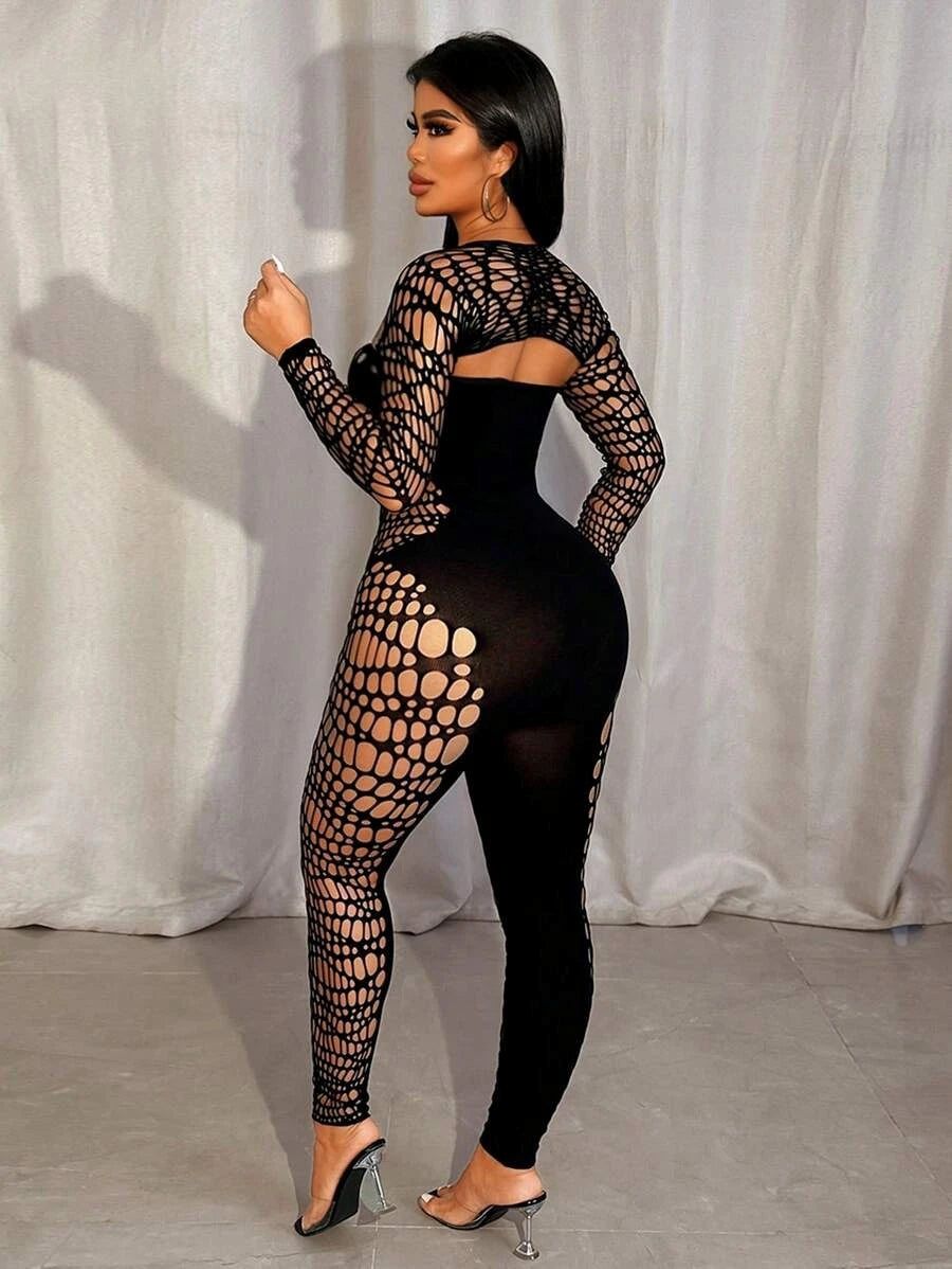 Hollow Strapless Jumpsuit+Shawl Women Sexy See Through Coquette Hipster Midnight Clubwear Activity Workout Overalls