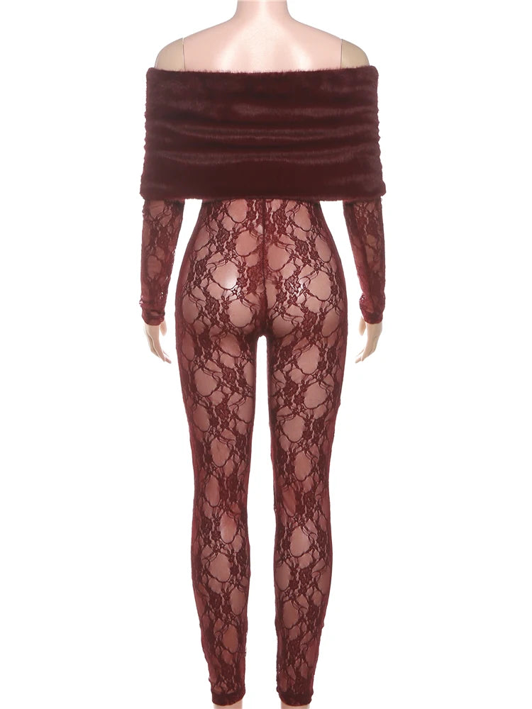 Patchwork Faux Fur Collar Jumpsuits Women See Through Skinny Sexy Midnight Coquett Fashion Street Wild Classic Outfit