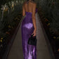 Sexy Shiny Long Dress Woman Lace Jacquard Decoration Halter Low-Neck Backless Splits Hem Prom Party Elegant Vestidos
