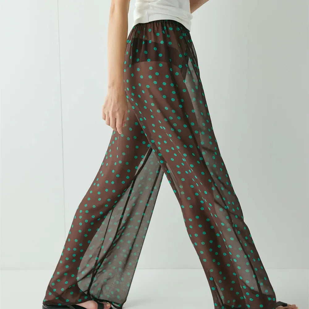Women See Through Mesh Pants Y2K Dot Print Elastic Waist Wide Leg Loose Fit Trousers Bikini Cover up Sheer Beach Bottoms
