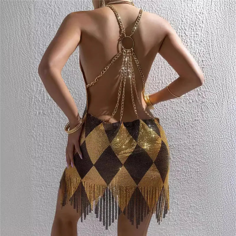 Women Rhombus Sparkly Rhinestone Mesh Mini Dress Chain Halter Backless Fringe Hem Bodycon Dress Nightclub Party Clubwear