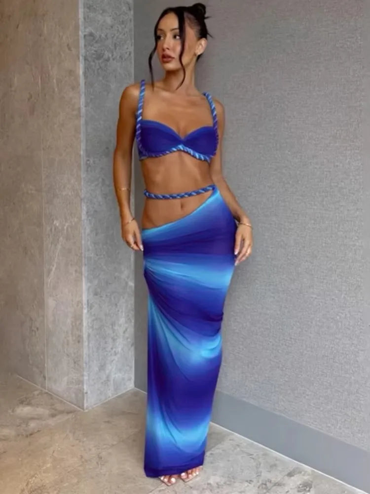 Plait 2 Piece Set Women Square Collar Folds Bandage Bow Bra+Skinny Long Skirts 2025 Summer Party Vacation Beach Suits
