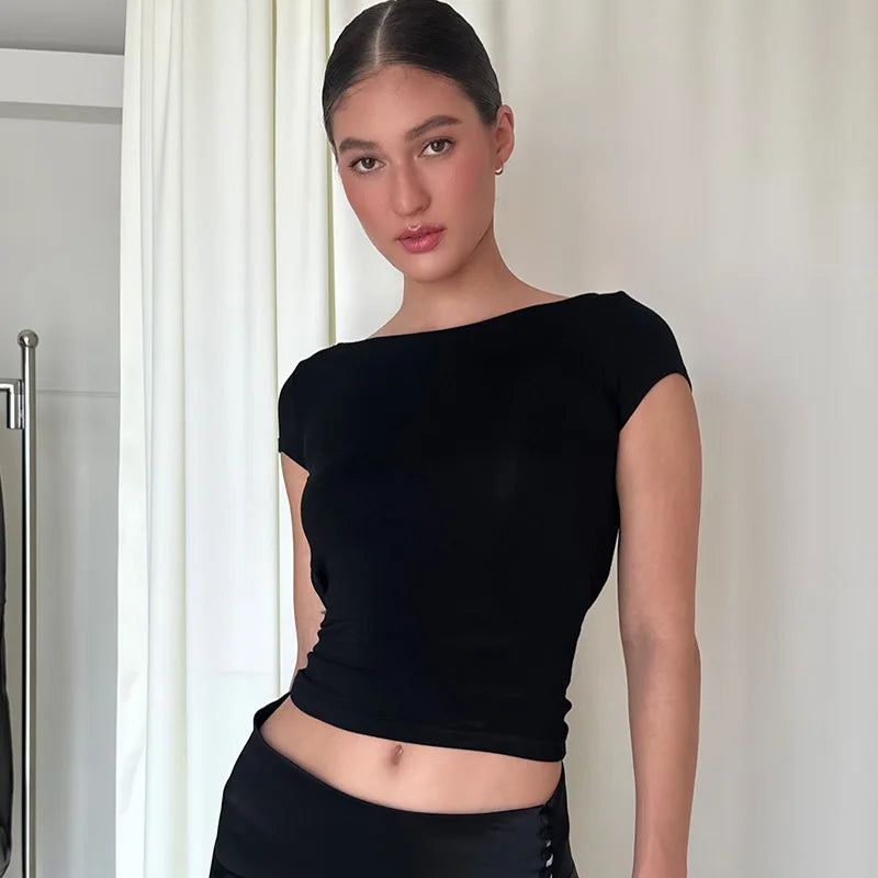 Chic Short Sleeve Backless Crop Top Woman Fitted Basic T Shirt Sexy Black Tees for Women Summer 2024