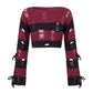 Y2K Punk Distressed Striped Crop Knit Sweater Women Cross Lace Up Side Long Sleeve Ripped Hole Gothic Streetwear Top