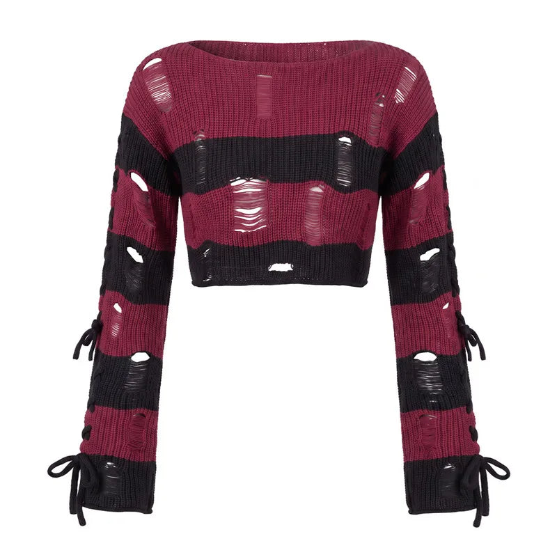 Y2K Punk Distressed Striped Crop Knit Sweater Women Cross Lace Up Side Long Sleeve Ripped Hole Gothic Streetwear Top