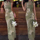 Hollow Maxi Dress Women Frog Button Stand-Up Collar Floral Print Sleeveless Classic Summer Elegant Chic Vestidos