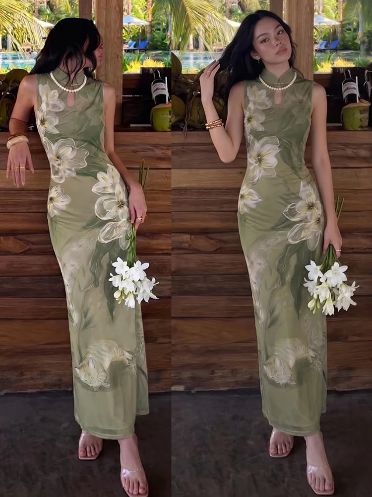Hollow Maxi Dress Women Frog Button Stand-Up Collar Floral Print Sleeveless Classic Summer Elegant Chic Vestidos