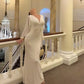 V-neck Floor-length Evening Gown with Mesh Flowing Cape Sleeves White Black Elegant Maxi Dresses Wedding