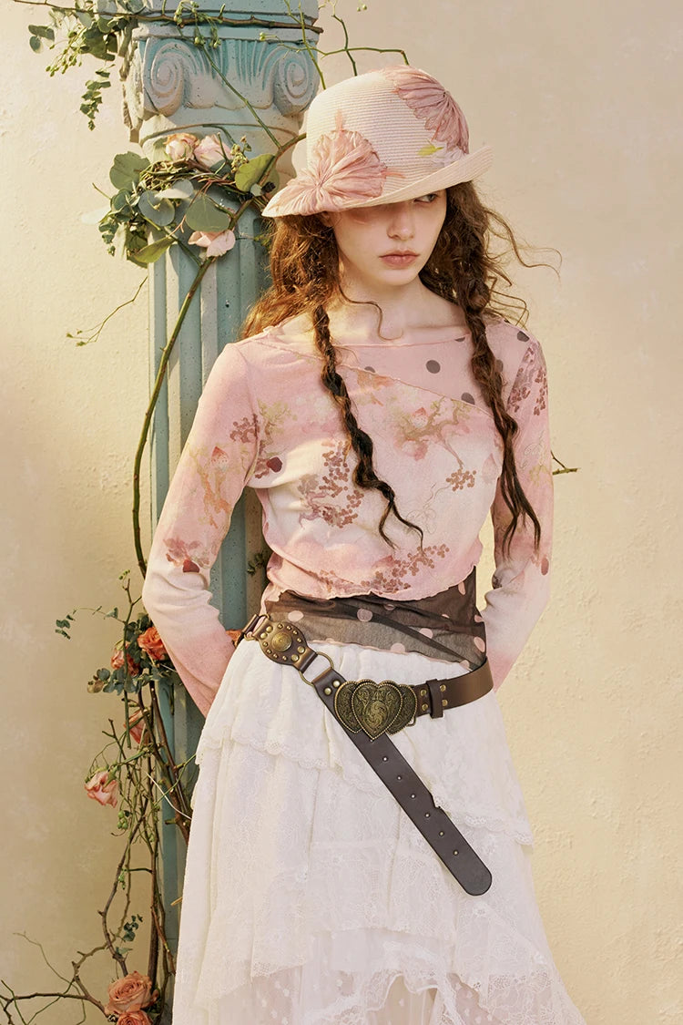 Women's Oriental Asymmetrical T-shirt with Floral Polka Dot Print, Lightweight Long Sleeve Patchwork Tee for Summer