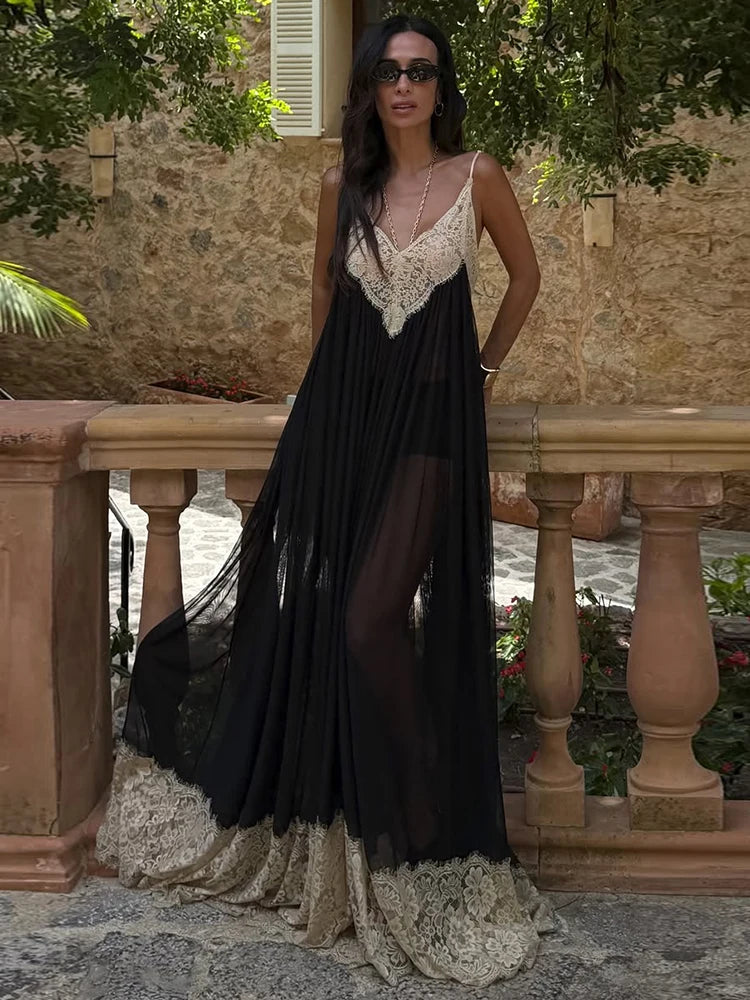 Sexy Jacquard Patchwork Dress Women Fashion See Through Backless Low-Neck Sleeveless Trend Vacation Party Bodyocn