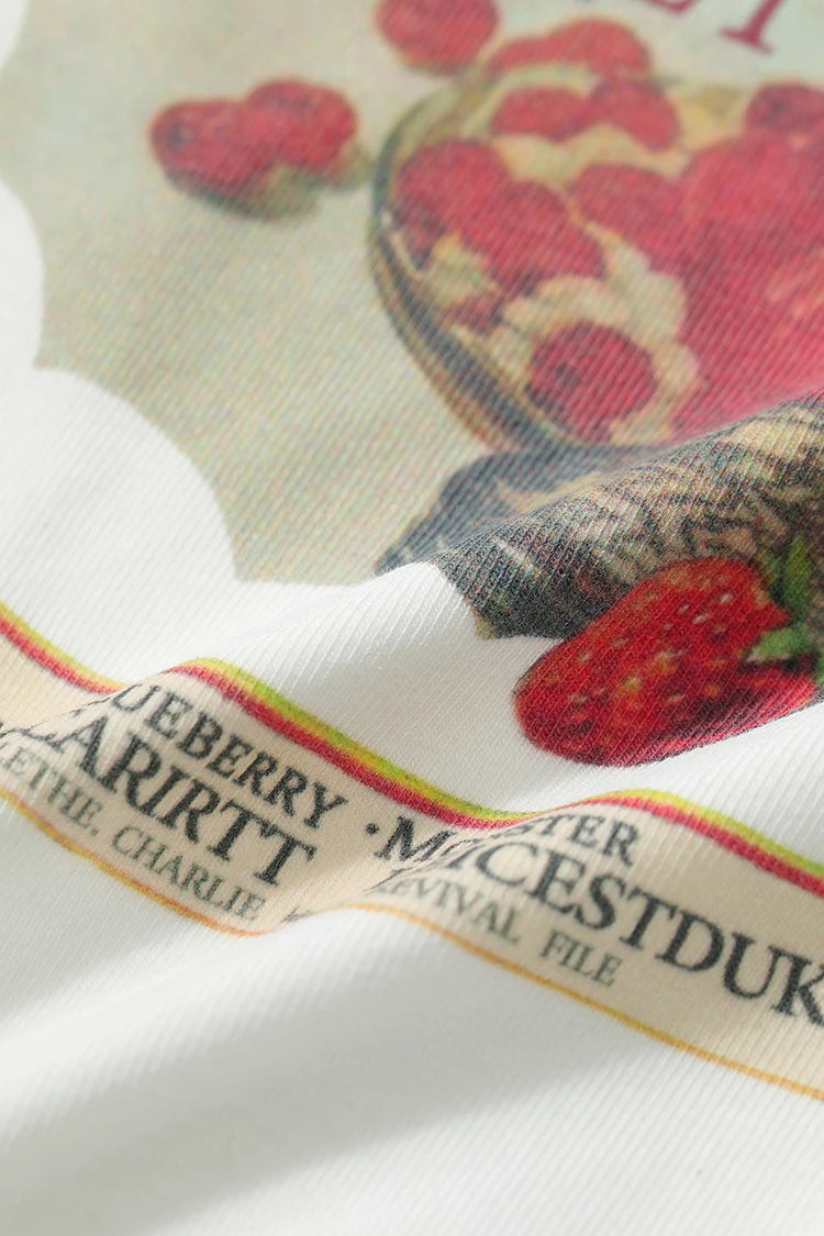 Strawberry Dessert Print Crop T-Shirt, Ruched Waist Slim Fit Tee, Sweet Retro Casual Top for Women