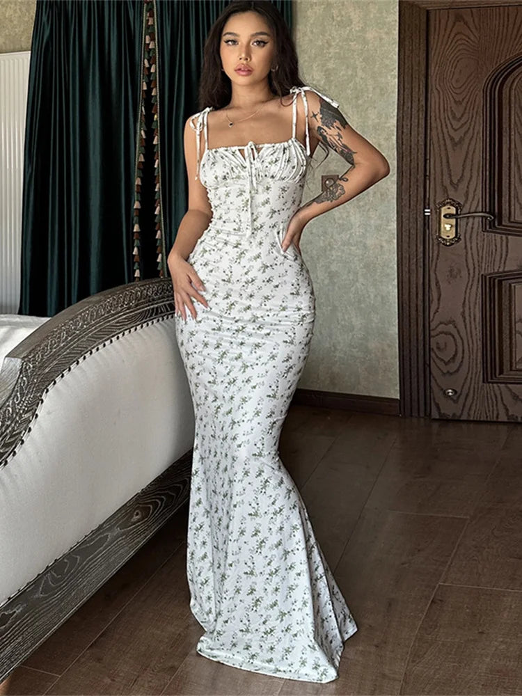 Flower Print Dress Women Summer Backless Lace-Up Sleeveless Hollow Ruffles Sheath Elegant Midnight Club Party Bodycon