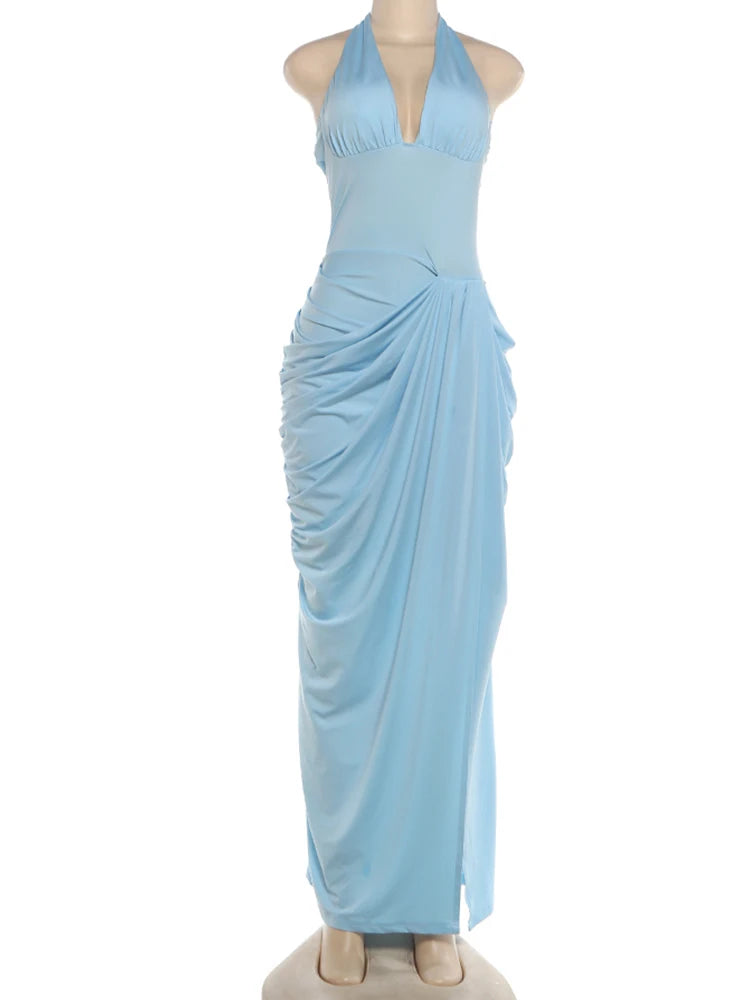 Banquet Party Elegant Backless Dress Women Sexy Fashion Halter Deep V-Neck Ruched Patchwork High Split Simple Bodycon