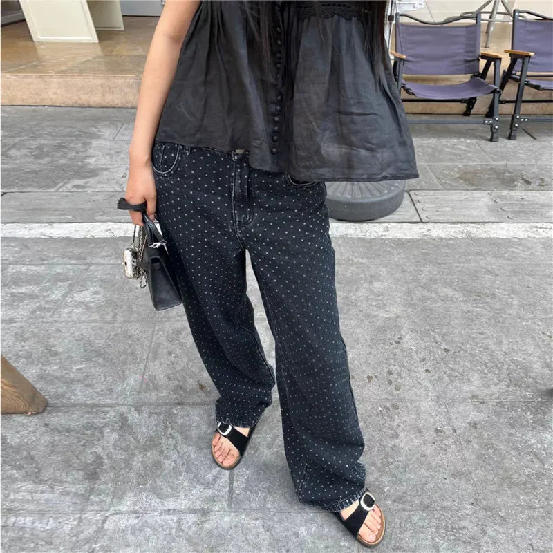 Y2K Polka Dot Jeans Women Vintage Stretch Wide Leg Denim Pants Casual Distressed Baggy Boyfriend Jeans with Pockets