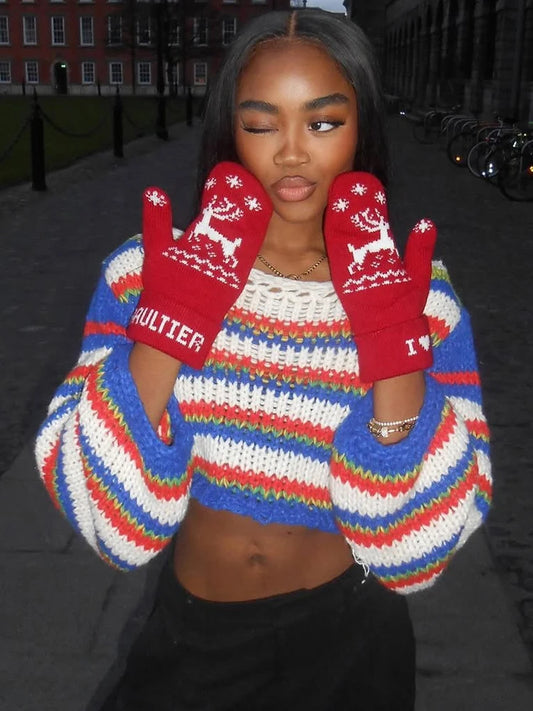 Colorful Striped Crop Sweater Women Hipster Long Sleeve Slash Neck Casual Christmas Activity Streetwear Pullover Tops