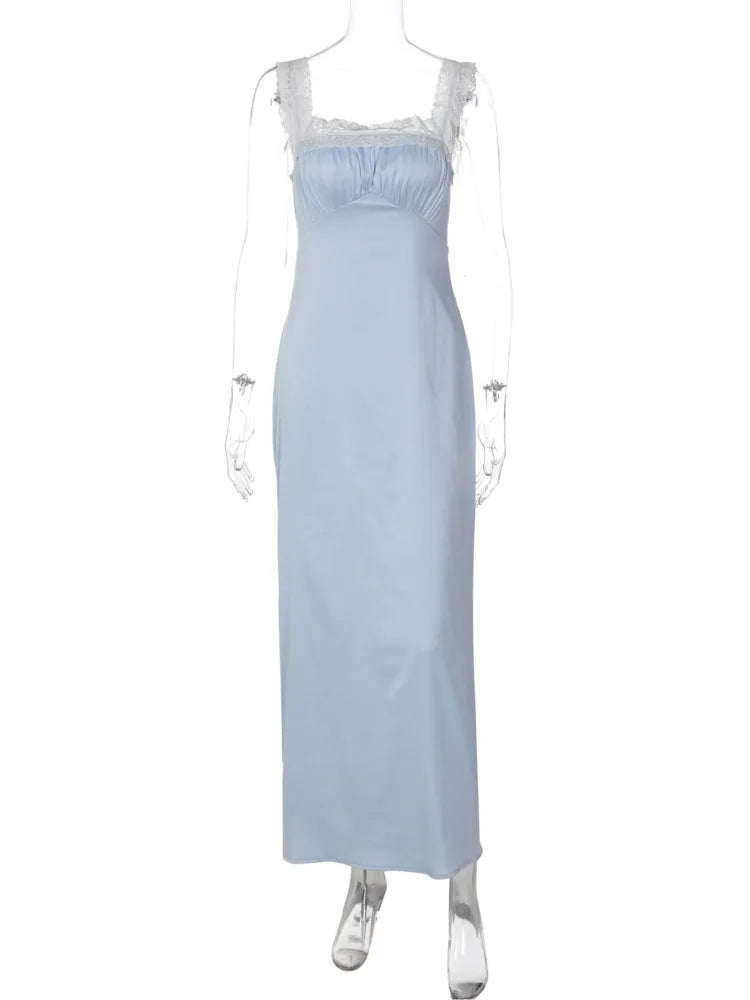 Women Midi Maxi Dress Lace Square Neck Spaghetti Strap Bodycon Sleeveless Long Dress Elegant Evening Party Slip Dresses