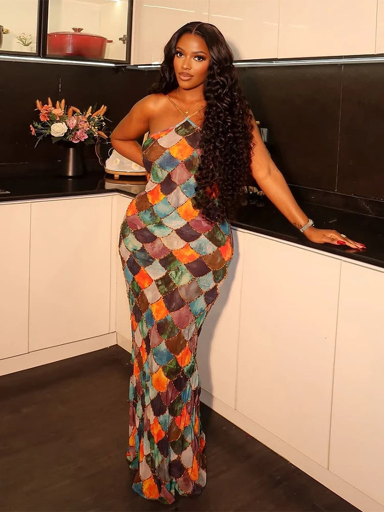 Cross Backless Dress Women Y2K Summer Colorful Scale Print Sleeveless Slim Stretch Beach Vacation Club Party Vestidos