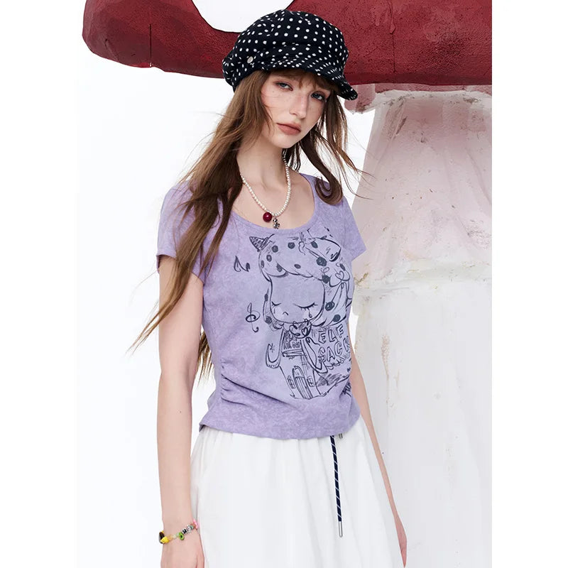 Women's Cartoon Print Purple T-Shirt, Square Neck Ruched Short Sleeve Tee, Ribbed Knit Curved Hem Cute Summer Top