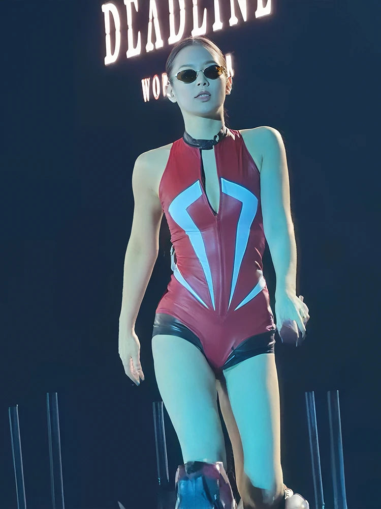 Zip Button Bodysuits Women Y2K Hipster Faux Leather Sleeveless Skinny Music Festival Sexy Midnight Summer Body Tops