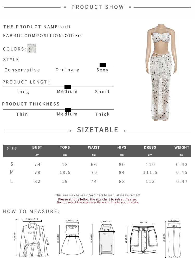 Chic Polka Dot Print 2 Piece Set Woman Beads Decoration Halter Backless Tank Top+See Through Design Skit Elegant Suits