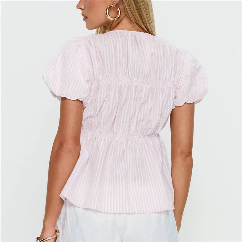 Women's Striped Textured Puff Sleeve Blouse Round Neck Button Front Shirred Waist Peplum Flowy Casual Summer Top