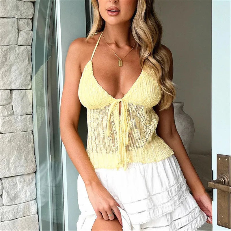 Summer Women Y2K Lace Shirt Sexy Halter Neck Deep V Neck Crop Top Tie Front Sleeveless Strappy Cami Shirt Streetwear