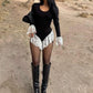 Hottie Lace Patchwork Bodysuit Women U-Neck Jacquard Ruffle Elegant Sexy Simple Fashion Stretch Slim Street Clubwear