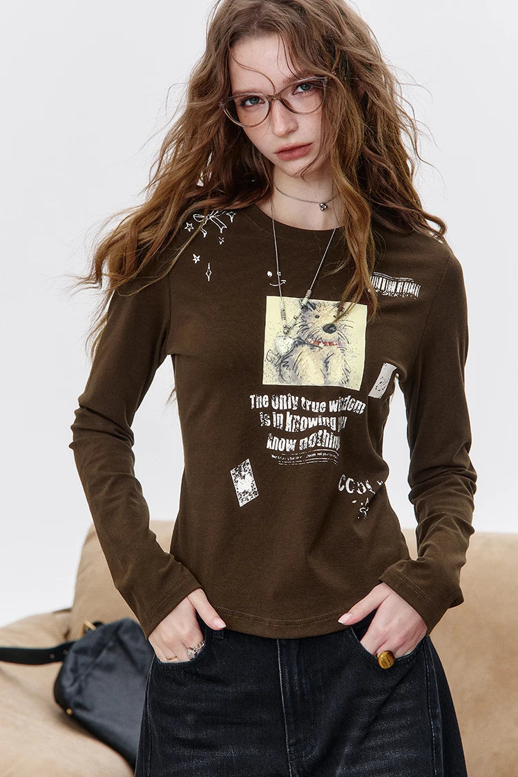 Women's Casual Long Sleeve T-Shirt with Bear Graphic Print, Cute Cartoon Pattern Crop Top for Everyday