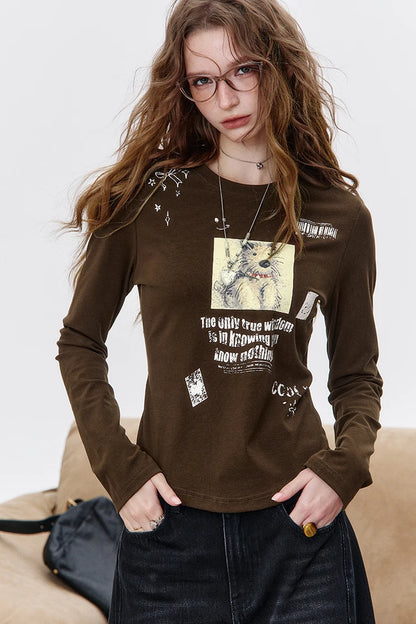 Women's Casual Long Sleeve T-Shirt with Bear Graphic Print, Cute Cartoon Pattern Crop Top for Everyday