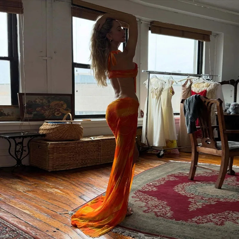 Orange Printed Mesh Split Dress Asymmetrical Halter Backless Maxi Dresses Summer Vacation Beach Outfits Women