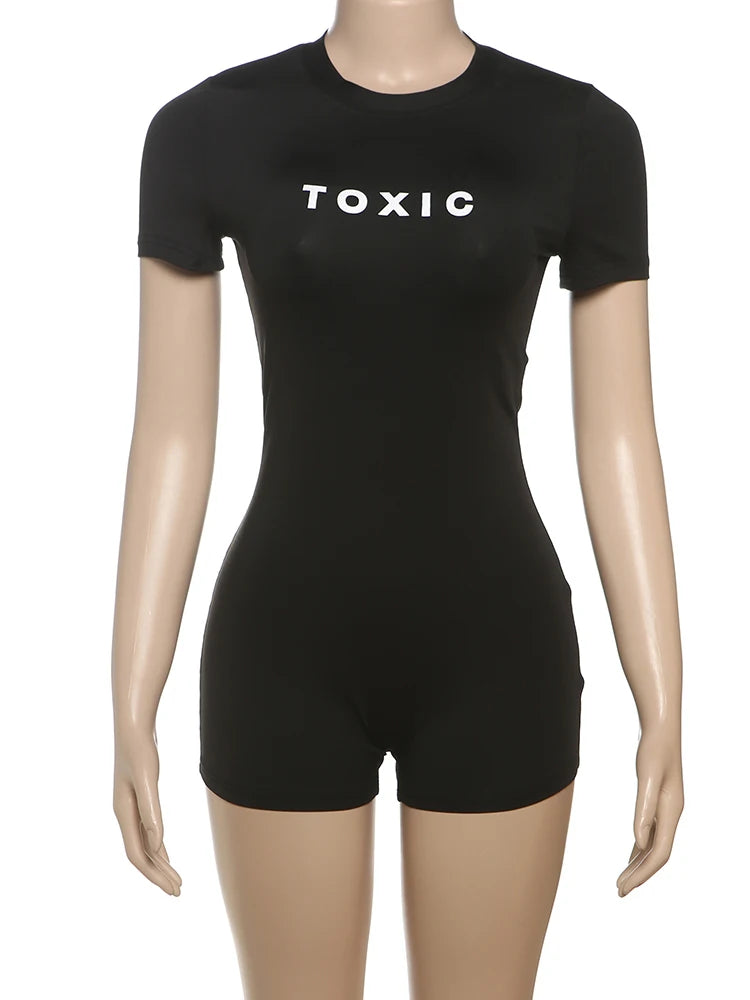 Letter Print Romper Women Fashion Body-Shaping  o-Neck Mini Sleeve Tight Peach Hip Simple Casual Workout Playsuits