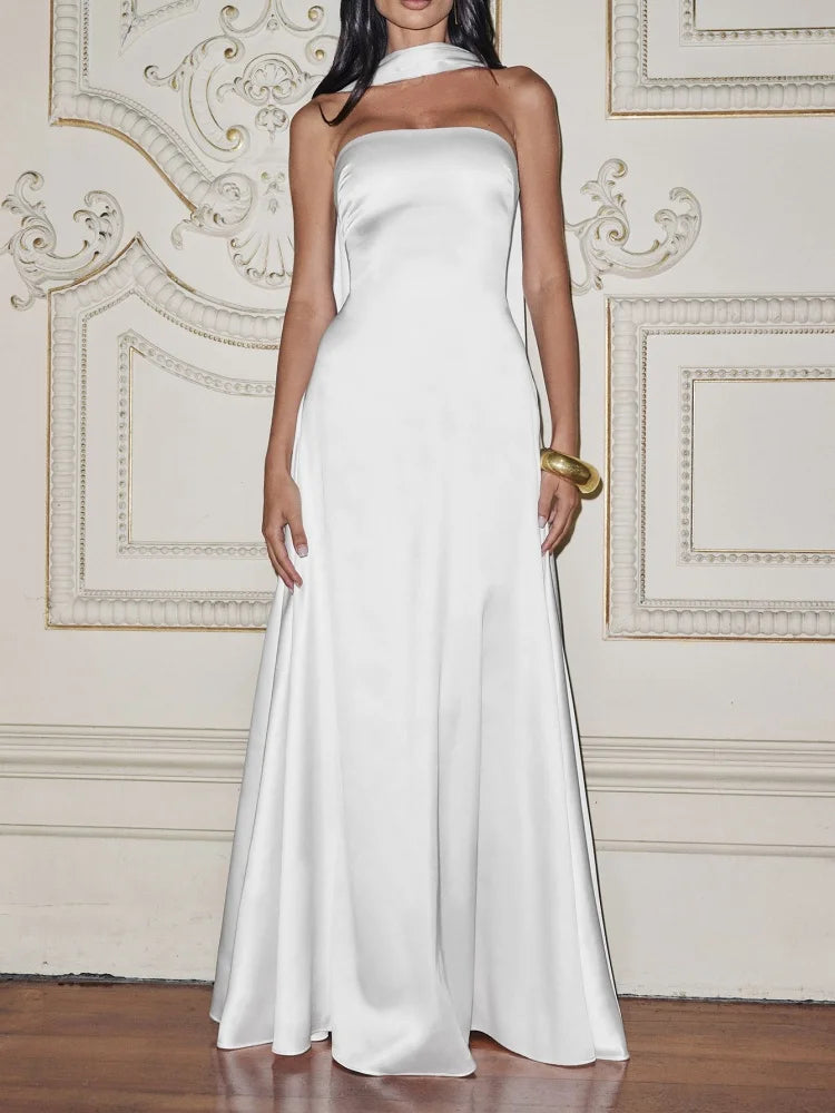 Satin Strapless Backless Maxi Dress with Scarf Elegant Evening Party Dresses for Woman Clothes