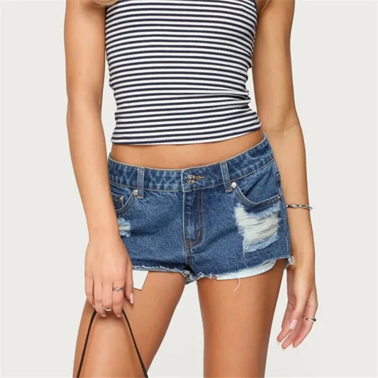 Womens Low Waist Distressed Denim Shorts Frayed Raw Hem Ripped Jeans Shorts with Inner Layer Casual Streetwear Hot Pants