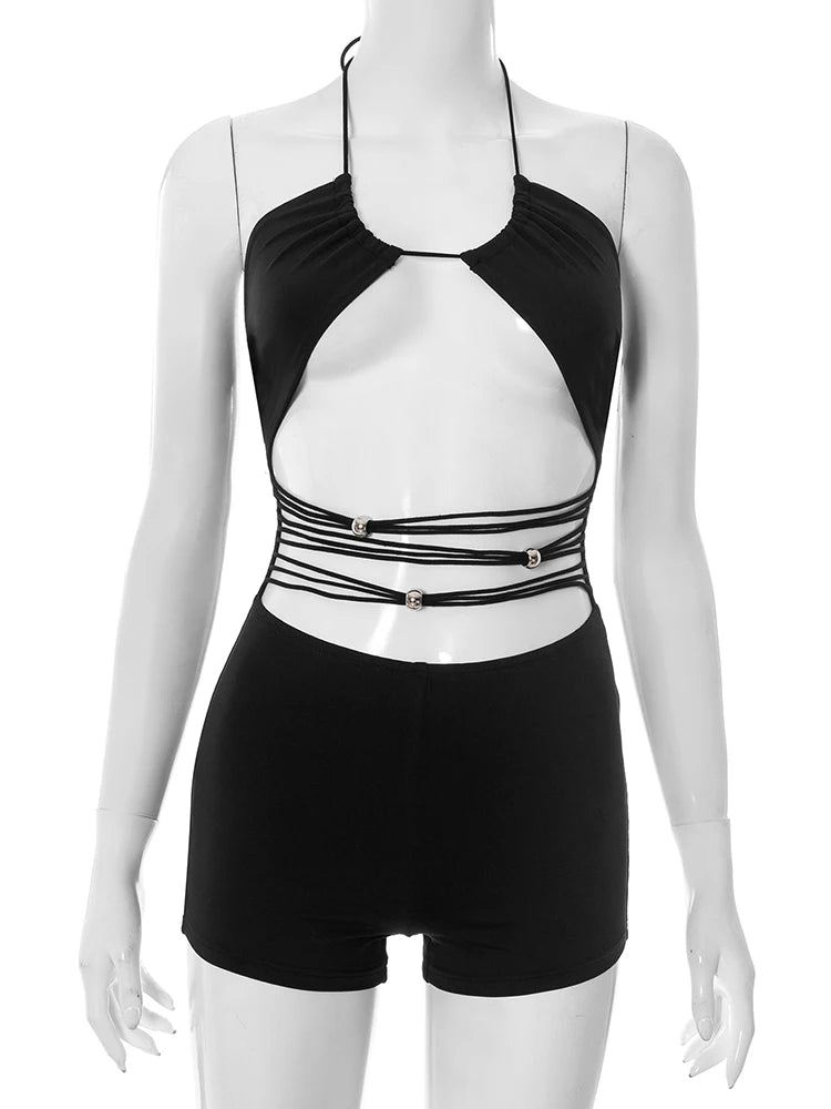 Irregular Hollow Playsuits Women Beads Mesh Patchwork Lace-Up Halter Backless Midnight Sexy Coquette Skinny Romper