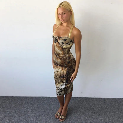 Vintage Animal-print Halter Neck Midi Dress Fashion 2026 Woman Party Night Club Sexy Bodycon Dresses