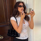 See Through White Lace Top Front Cutout Sexy Tshirt Woman Clothes Summer 2026