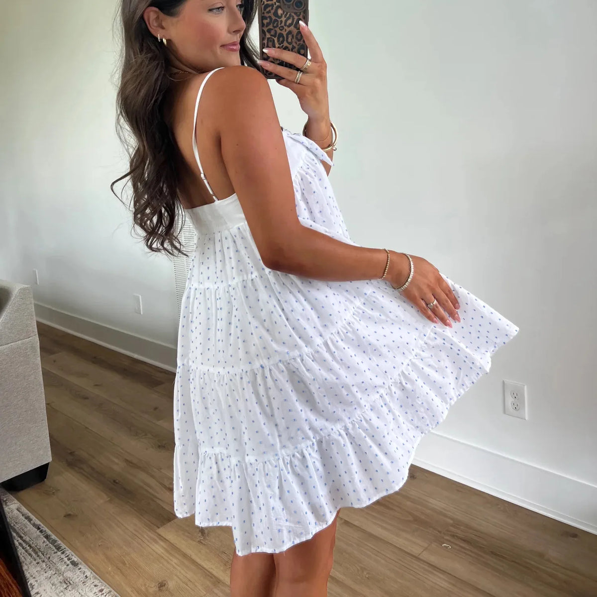 Women's Mini Cami Dress Stylish Dots Print Decorative Bow Square Neck Spaghetti Strap Short Dress for Summer Vacation