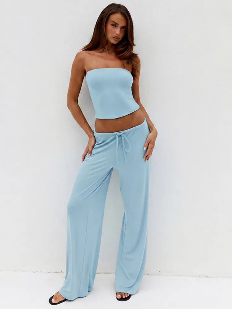 Fashion Long Pants Set Women Strapless Off-shoulder Crop Top Trouser Matching Sets Female Slim Fit Club Party Pants Set