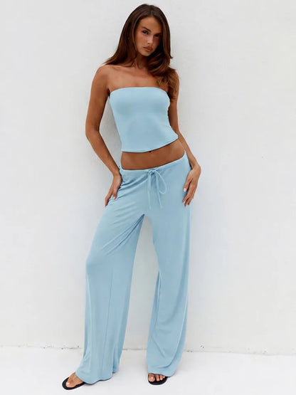 Fashion Long Pants Set Women Strapless Off-shoulder Crop Top Trouser Matching Sets Female Slim Fit Club Party Pants Set