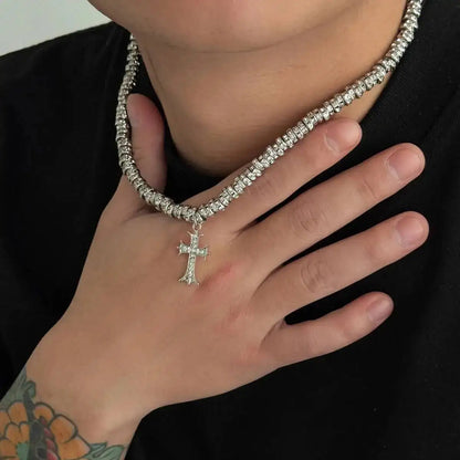 Gothic Jesus Cross Pendant Necklace Men Hip Hop Retro Rhinestone Circular Beaded Choker Necklace Couple Jewelry Gifts