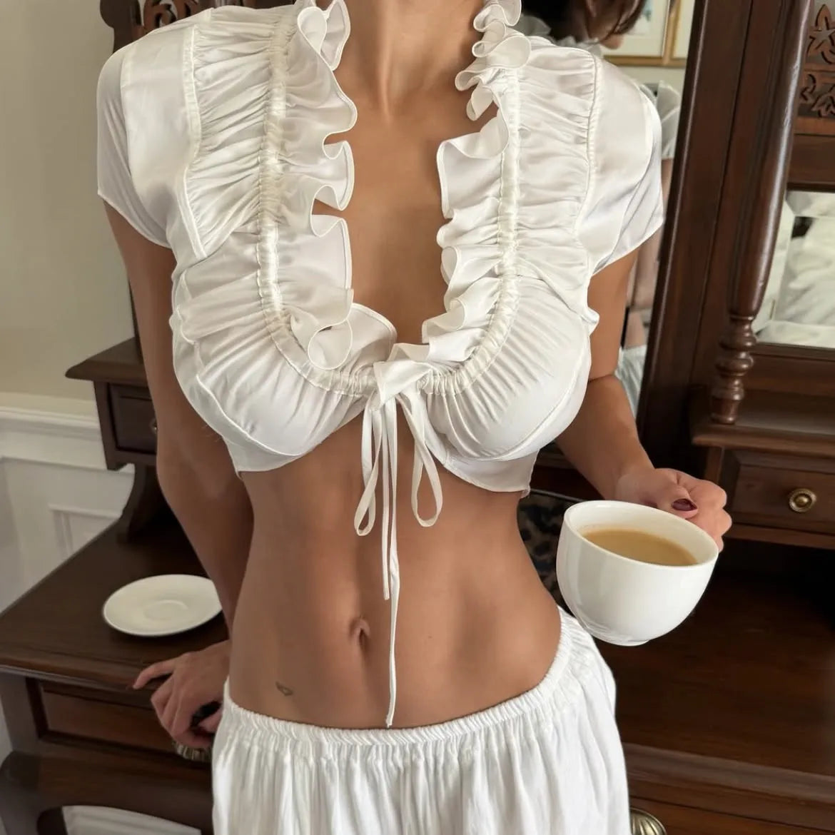 Sexy Ruffle Trim Satin Crop Top for Women Solid Tie Front Deep V Neck Short Sleeve Blouse Summer Casual Top Streetwear