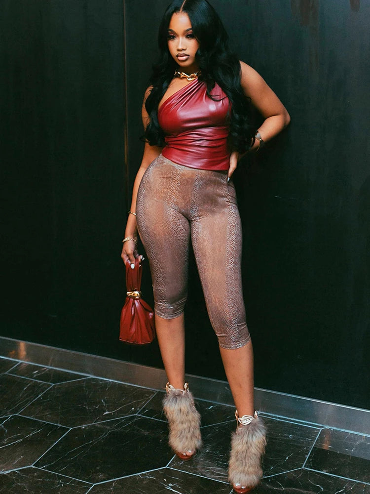 Fashion 2Piece Set Woman PU Leather Skew Collar Backless Tank Tops+Skinny Wrap Hip Crop Pants High Street Style Suit