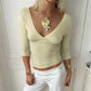Y2K Vintage Wrap V Neck Crop Top Ladies 3/4 Sleeve Ruched Slim Fitted Short Blouse Casual Going Out Streetwear Tops