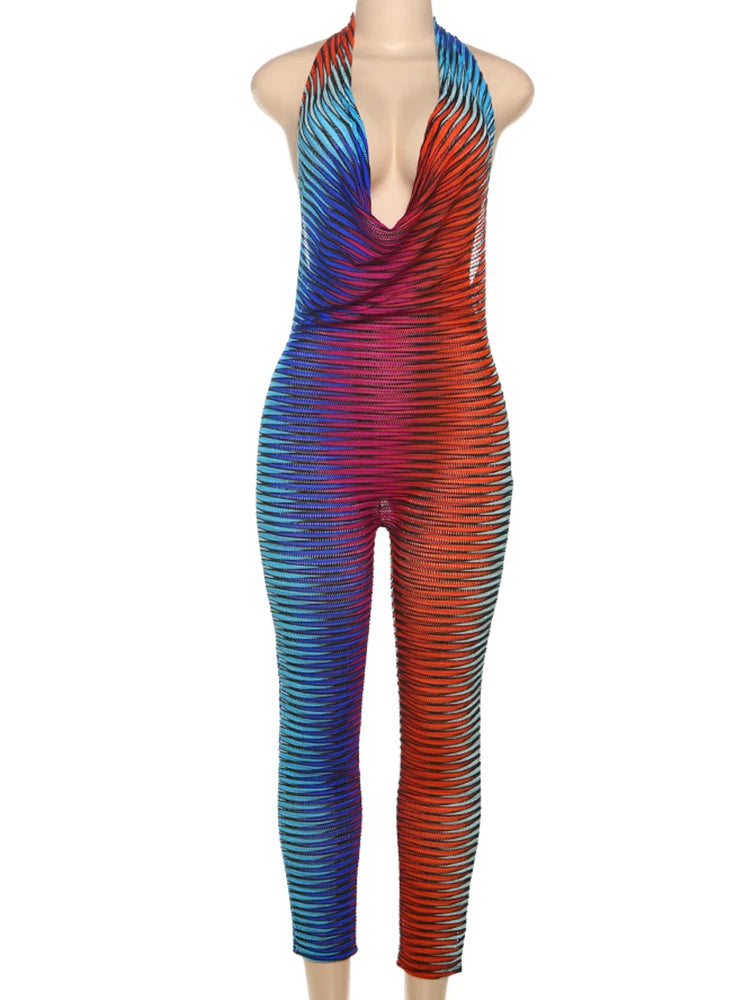 Y2K Colorful Stripe Jumpsuit Women Sexy Thin Summer Halter Sleeveless Backless Tight Stretch Skinny Activity Overalls