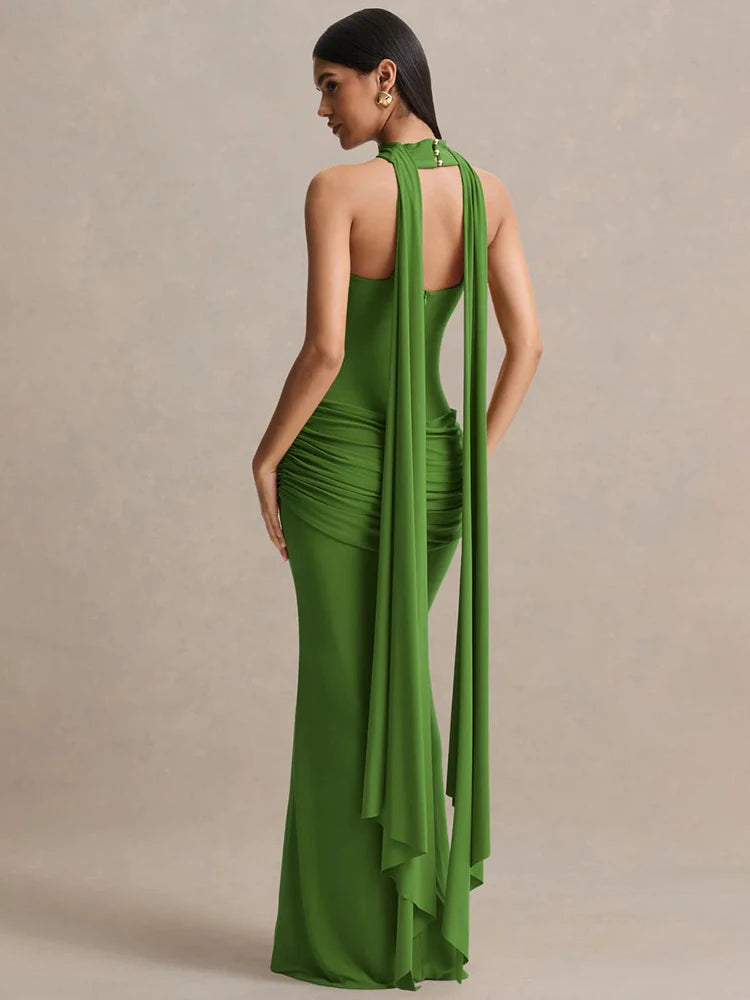Women Strapless Mermaid Sexy Maxi Dress Detachable Choker Neck Tie Ruched Waist Bodycon Long Evening Party Dress