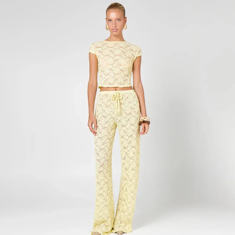 Two Piece Set Yellow Sheer Lace Co-Ord Cropped Top and Wide Leg Pants Summer Vacation Outfits Women 2026