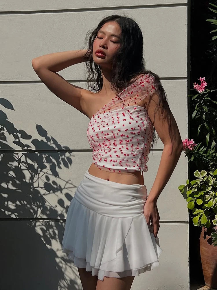 Sweet Folds 2-Piece Set Love Print Patchwork Single Shoulder Tank Tops+Multilayer Mesh Skirts Slim Matching Clubwear